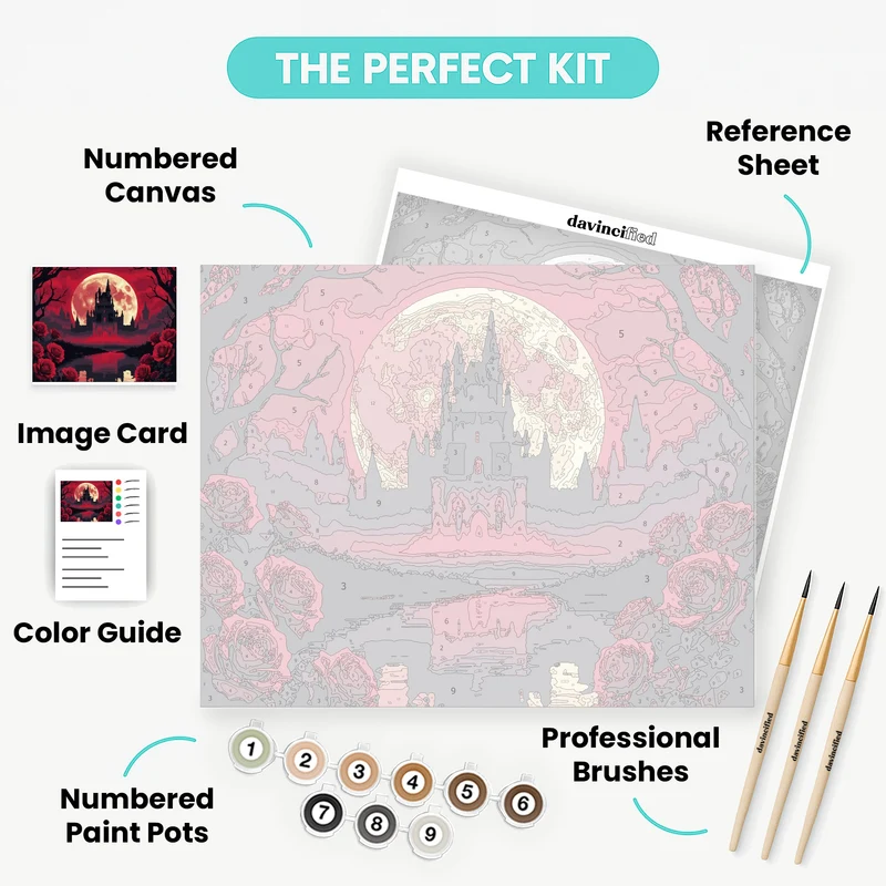 Gothic Castle Under Blood Moon with Red Roses - Paint by Numbers Kit
