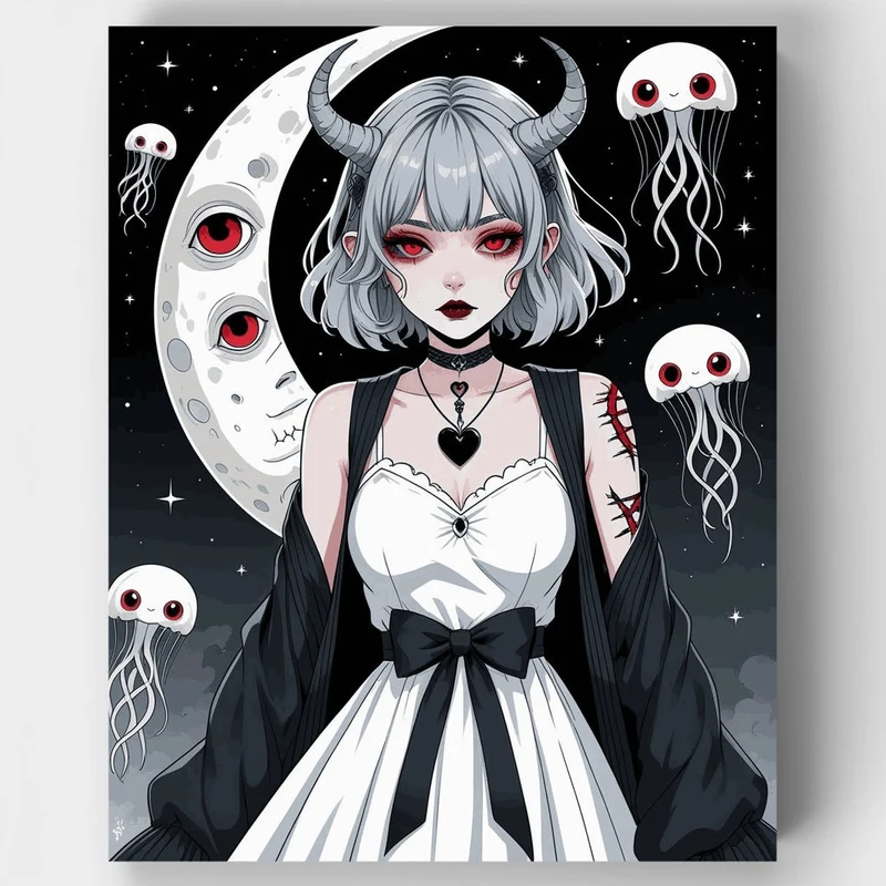 Gothic Anime Girl with Moon and Jellyfish - Paint by Numbers Kit