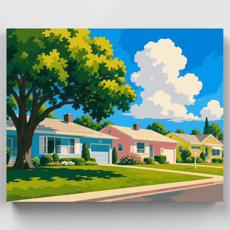 Sunny Suburban Street - Paint by Numbers Kit