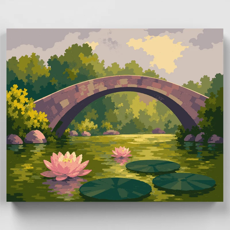 Impressionist Stone Bridge with Water Lilies - Paint by Numbers Kit