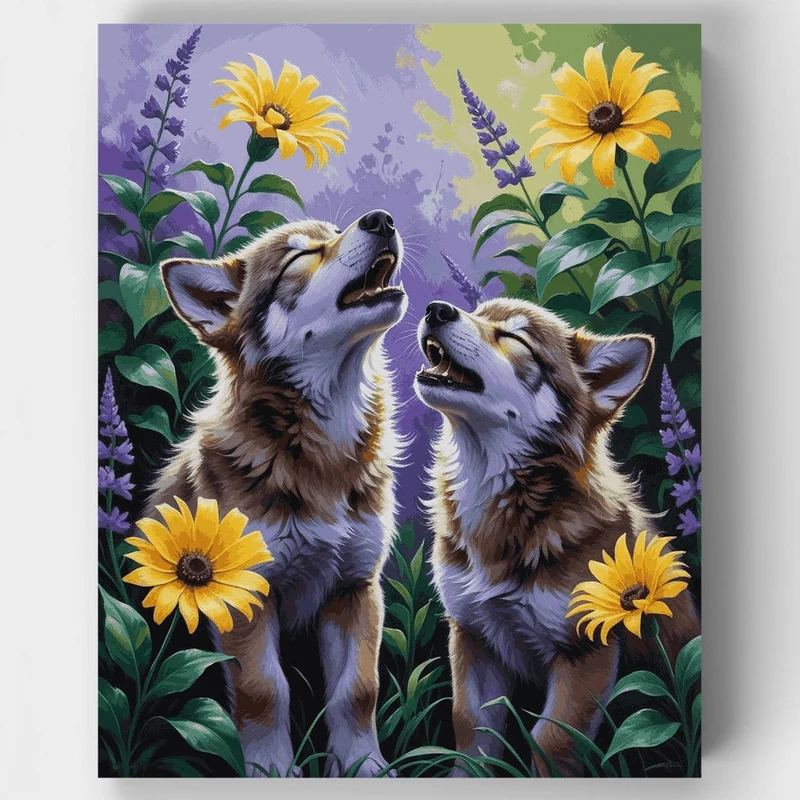 Wolf Pups in Sunflower Garden - Paint by Numbers Kit