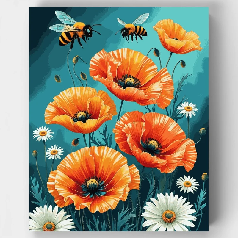 Bees and Orange Poppies - Paint by Numbers Kit