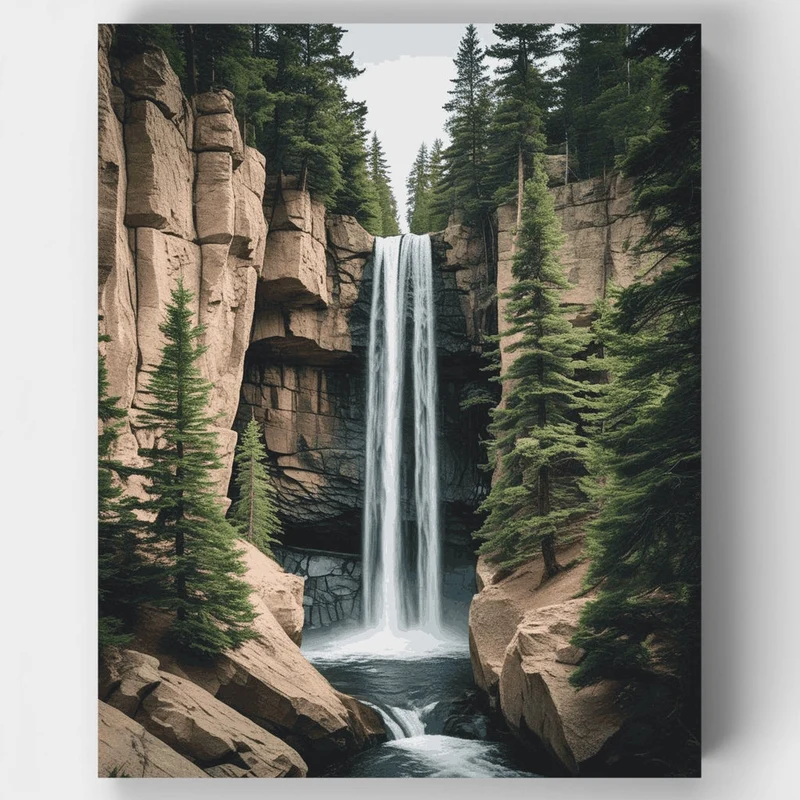 Towering Waterfall Through Rocky Canyon - Paint by Numbers Kit
