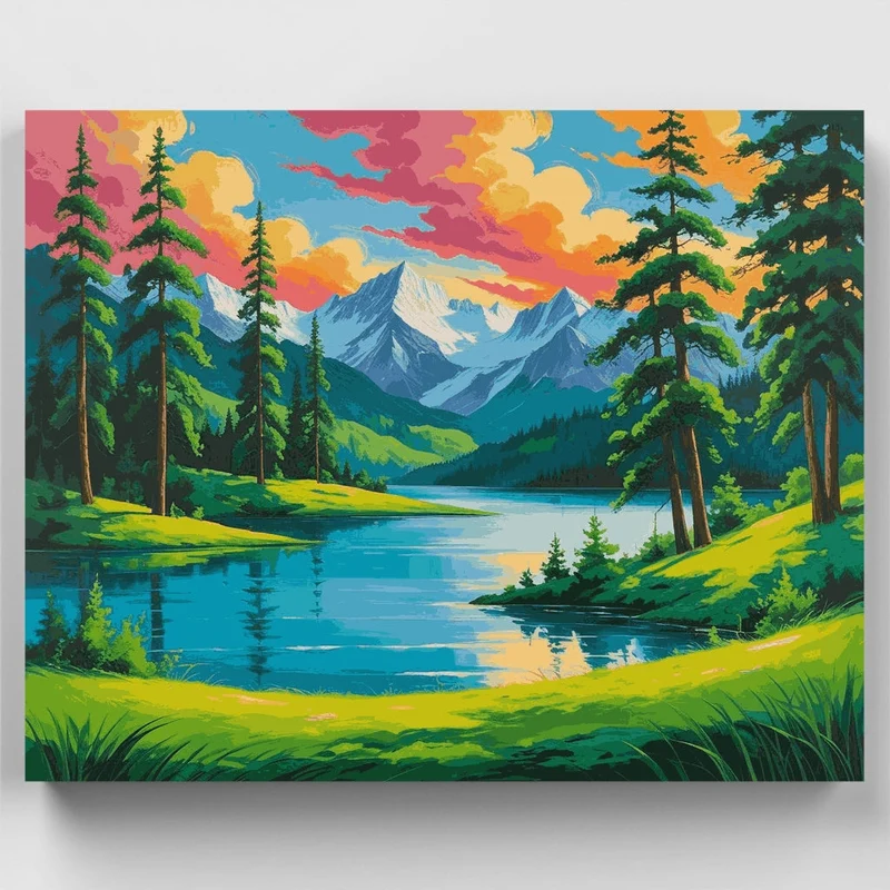 Mountain Lake Paradise with Evergreen Forest - Paint by Numbers Kit