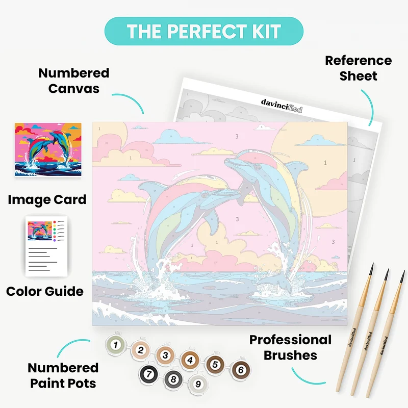 Vibrant Dolphins Leaping Through Sunset Waves - Paint by Numbers Kit