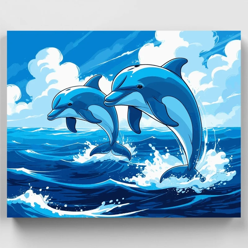 Playful Dolphins Leaping Through Ocean Waves - Paint by Numbers Kit