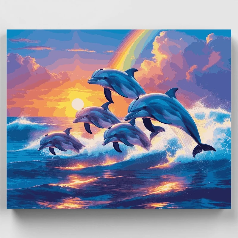 Dolphins Leaping at Sunset Rainbow - Paint by Numbers Kit