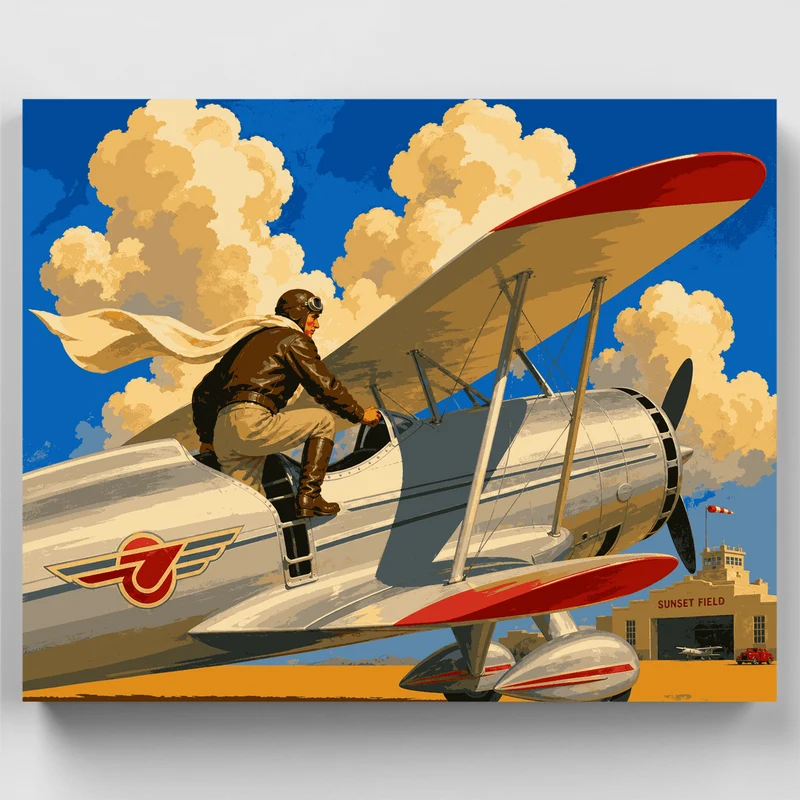Art Deco Aviator at Sunset Field - Paint by Numbers Kit
