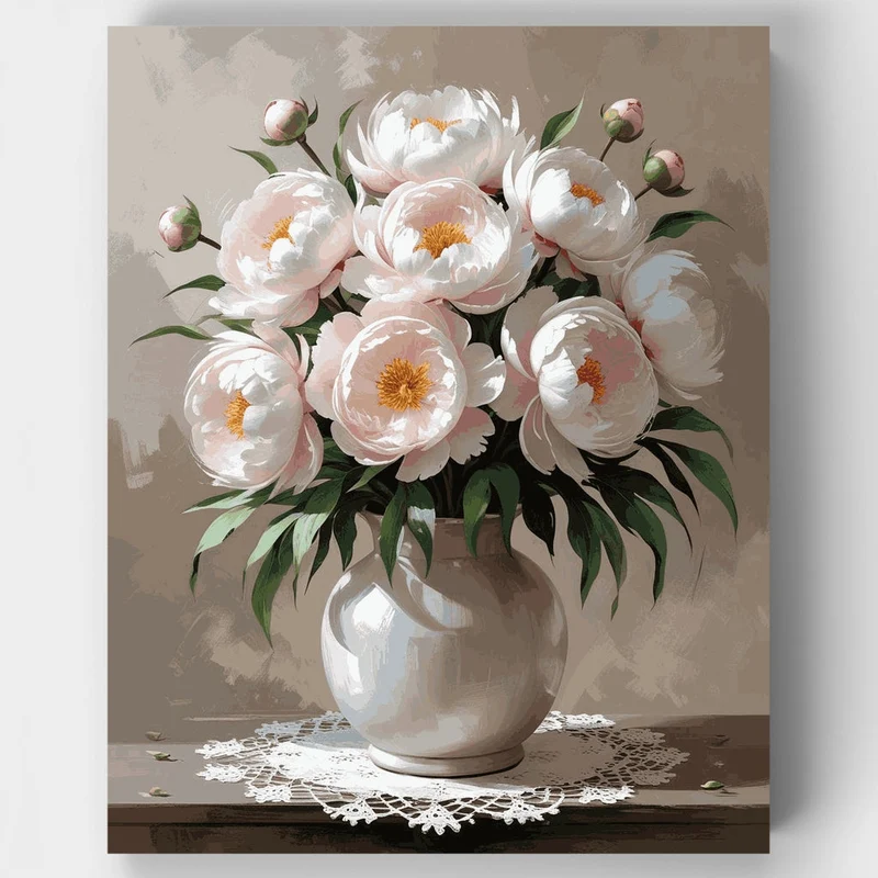 Elegant White Peonies in Vintage Vase - Paint by Numbers Kit