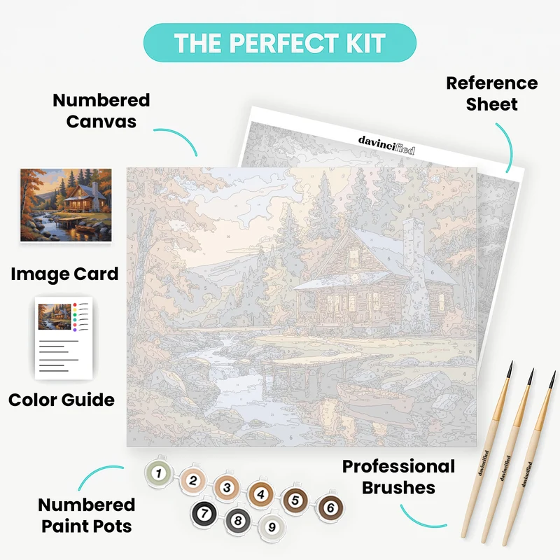 Autumn Log Cabin by the Stream - Paint by Numbers Kit