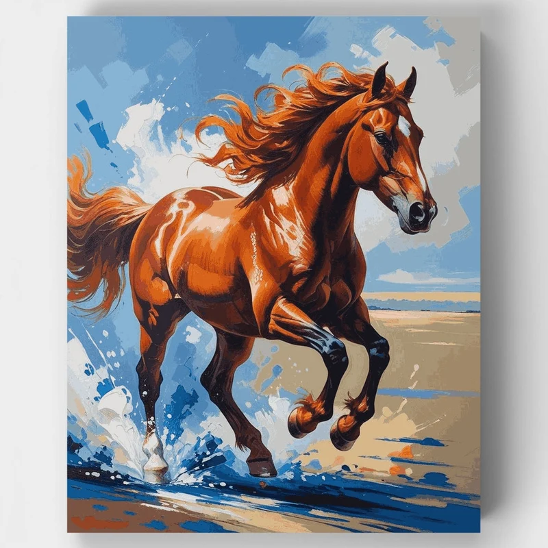 Majestic Chestnut Horse Running on Beach - Paint by Numbers Kit