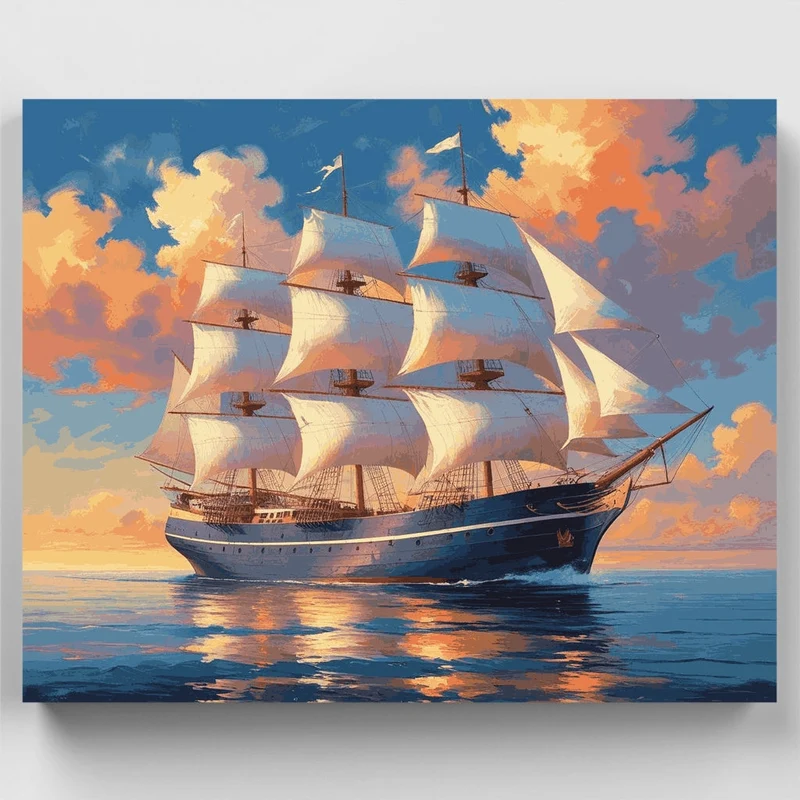 Majestic Sailing Ship at Sunset - Paint by Numbers Kit