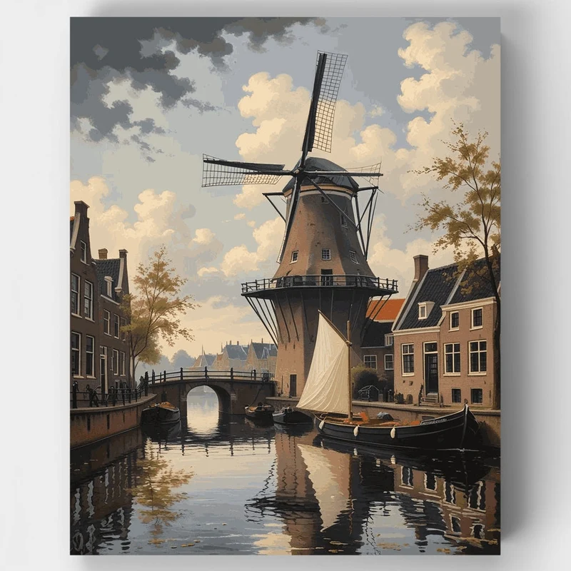 Dutch Windmill Canal Scene - Paint by Numbers Kit