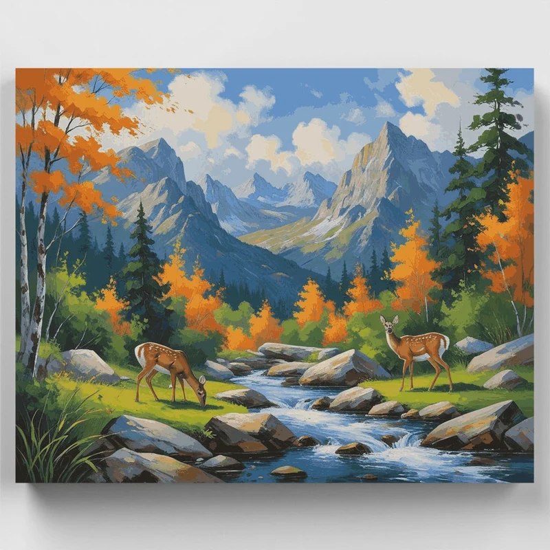 Autumn Mountain Stream with Deer - Paint by Numbers Kit