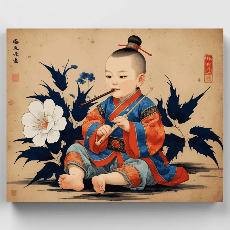 Traditional Japanese Child with Flute - Paint by Numbers Kit