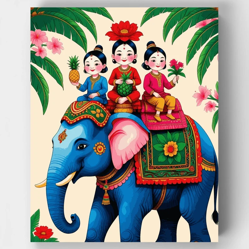 Festive Elephant Ride with Children - Paint by Numbers Kit