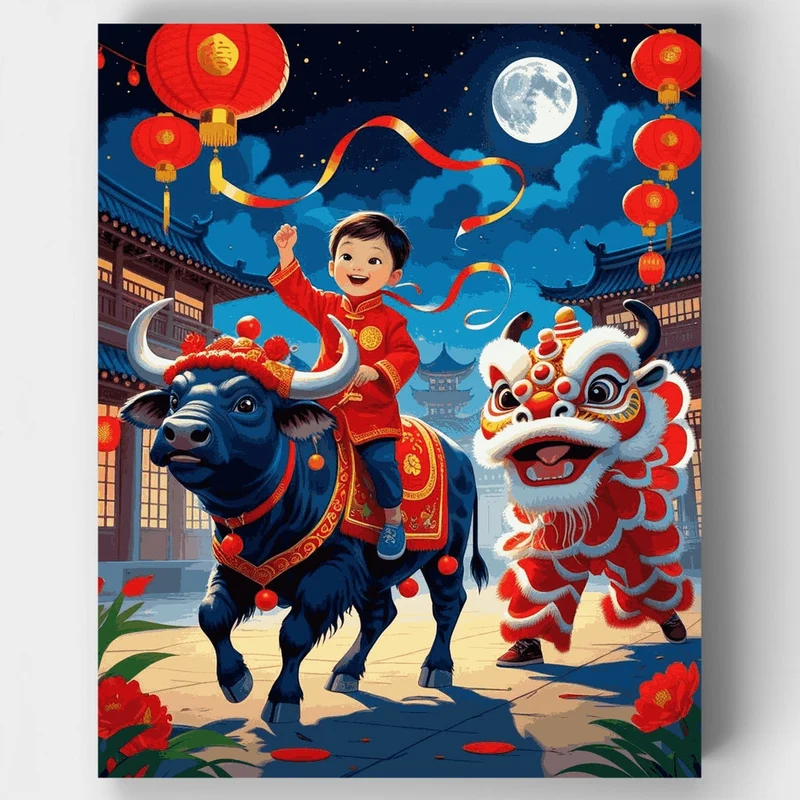 Chinese New Year Celebration with Boy and Ox - Paint by Numbers Kit