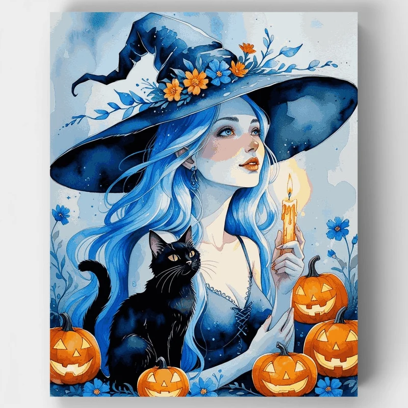 Blue-Haired Witch with Black Cat Halloween Scene - Paint by Numbers Kit