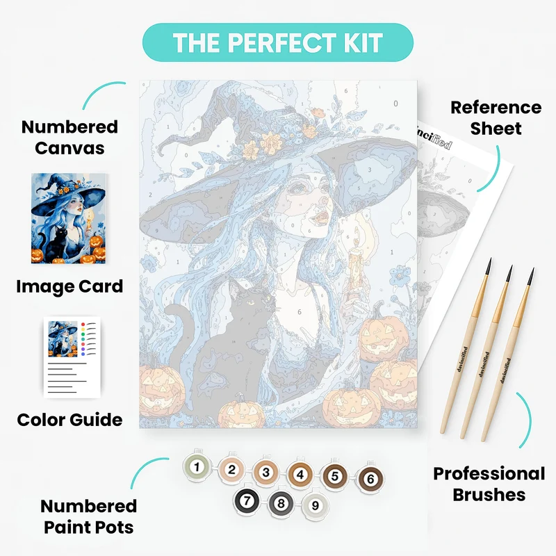 Blue-Haired Witch with Black Cat Halloween Scene - Paint by Numbers Kit