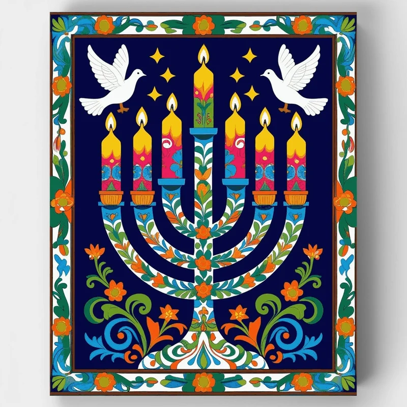 Festive Menorah with Doves - Paint by Numbers Kit