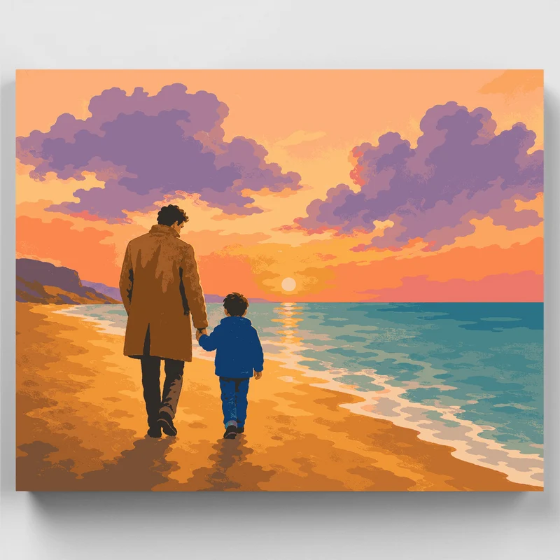 Father and Son Sunset Beach Walk - Paint by Numbers Kit