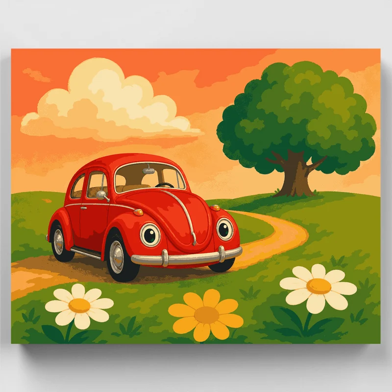 Red Beetle on a Country Road - Paint by Numbers Kit