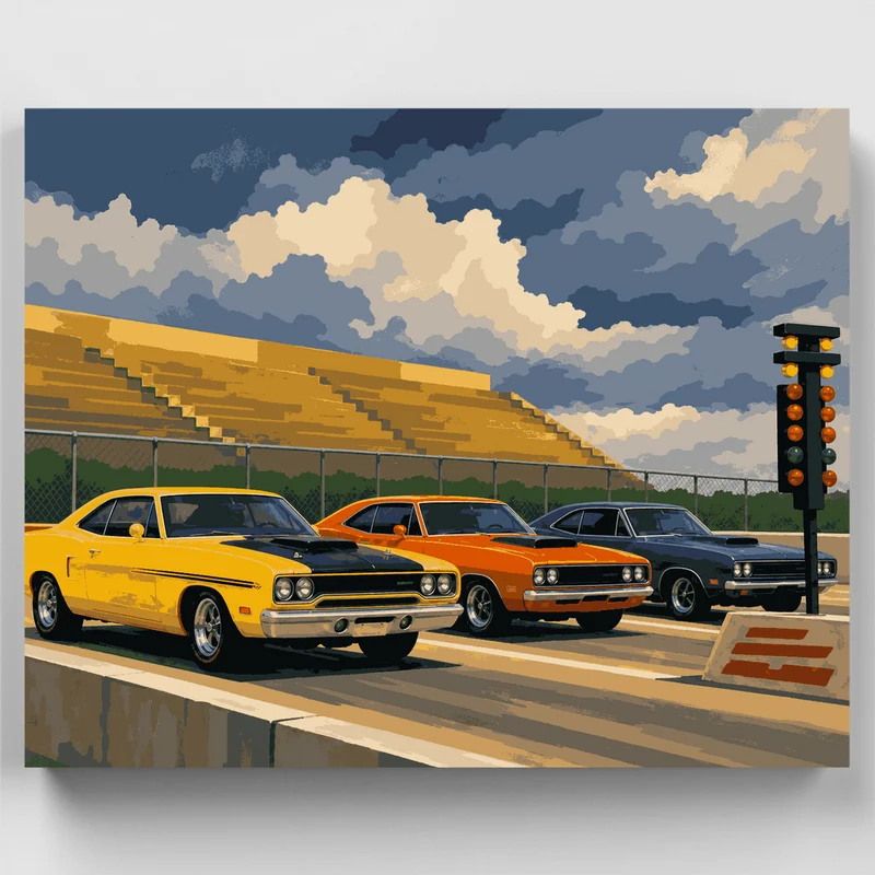 Classic Muscle Cars at the Drag Strip - Paint by Numbers Kit