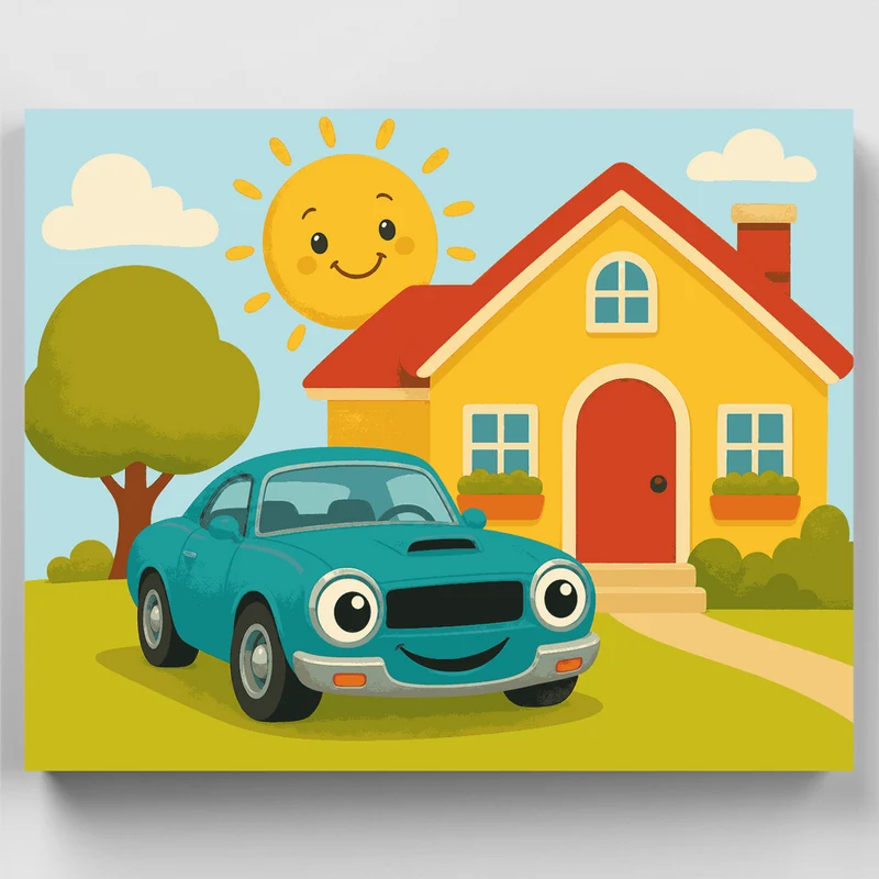 Happy Muscle Car and Sunny Home - Paint by Numbers Kit
