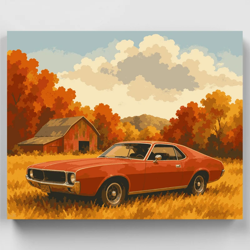 Autumn Muscle Car by the Barn - Paint by Numbers Kit