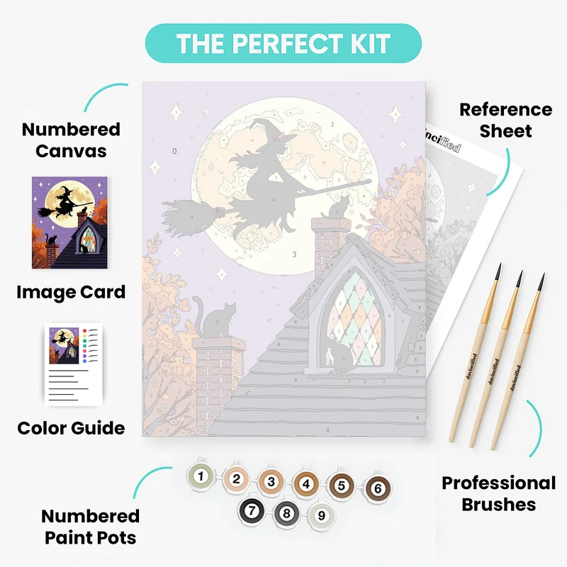 Witch Flying Over Moonlit Village - Paint by Numbers Kit