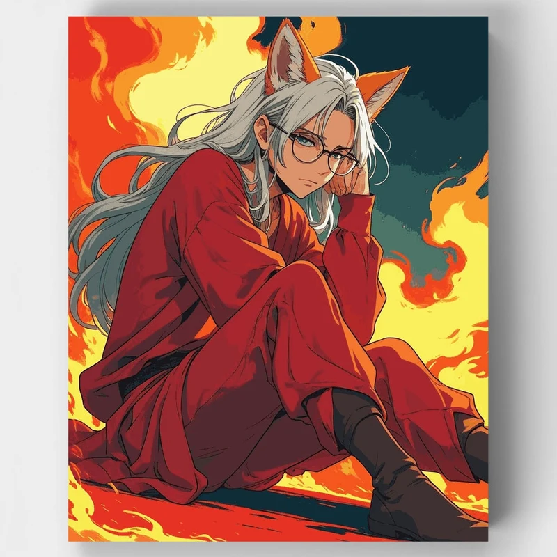 Anime Fox Girl with Glasses in Fire Scene - Paint by Numbers Kit