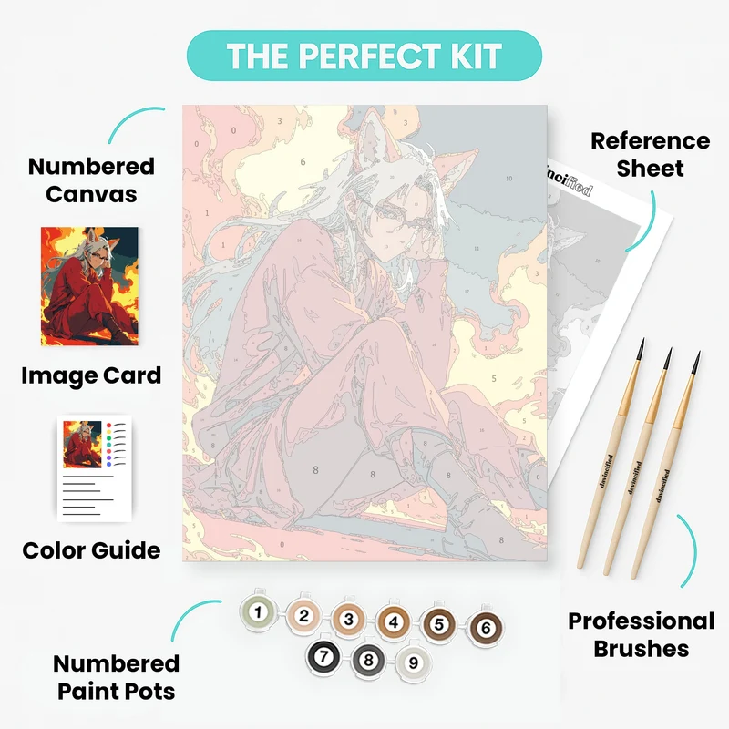 Anime Fox Girl with Glasses in Fire Scene - Paint by Numbers Kit