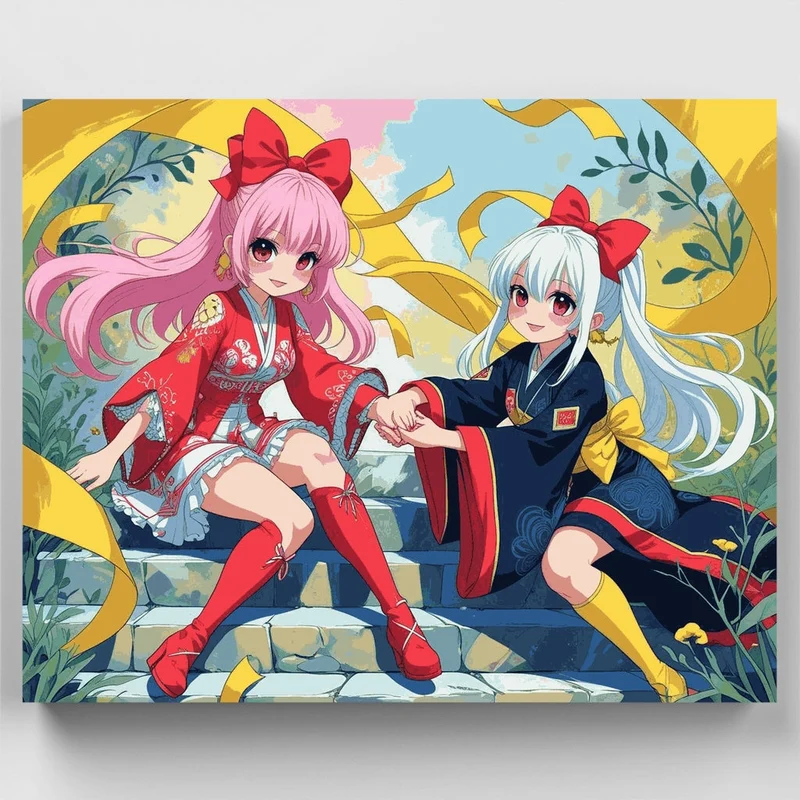 Anime Girls in Traditional Japanese Kimono - Paint by Numbers Kit