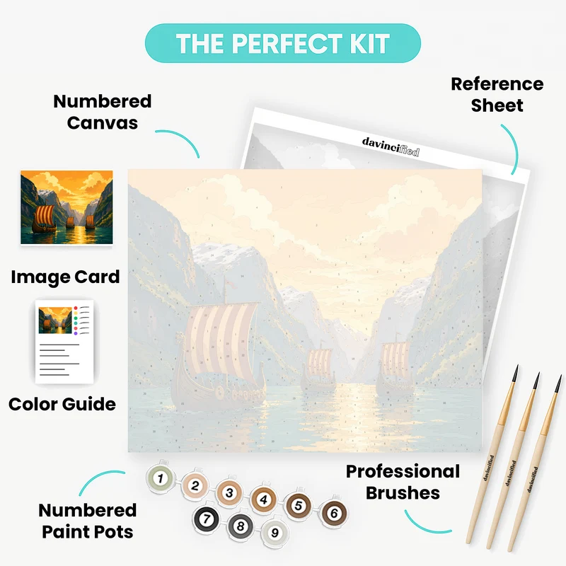 Viking Longships at Sunset Fjord - Paint by Numbers Kit
