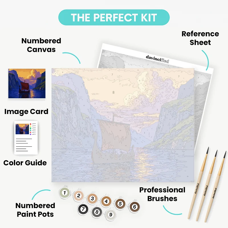 Viking Longship at Sunset in a Nordic Fjord - Paint by Numbers Kit