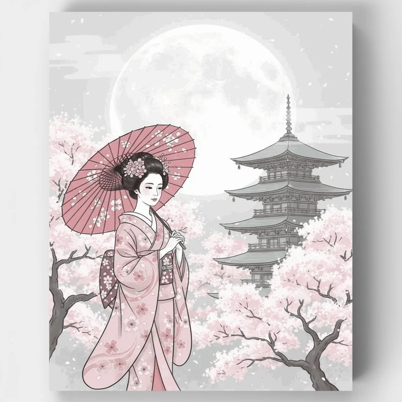 Geisha Under the Moon with Cherry Blossoms - Paint by Numbers Kit