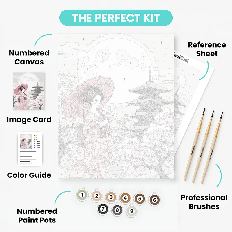 Geisha Under the Moon with Cherry Blossoms - Paint by Numbers Kit