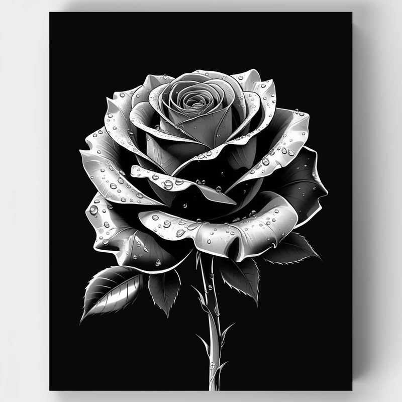 Black and White Rose with Dewdrops - Paint by Numbers Kit