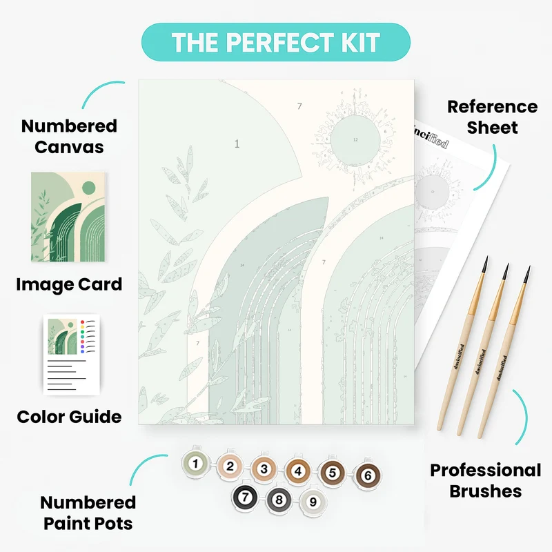 Boho Green Arches with Sun and Botanical Leaves - Paint by Numbers Kit