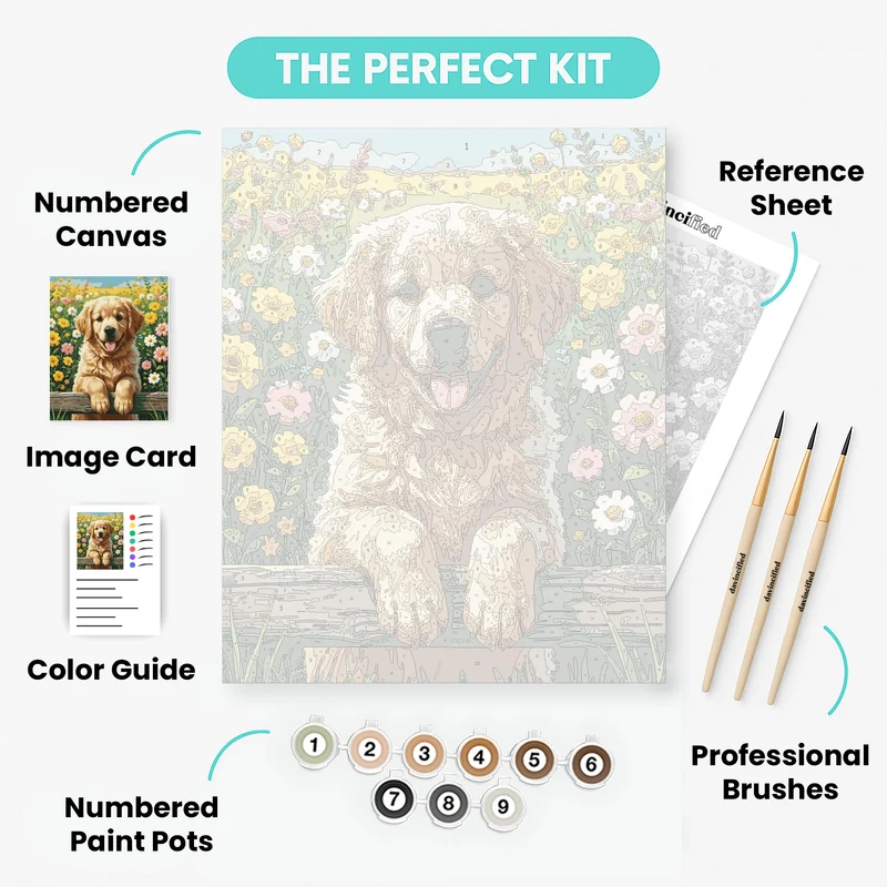 Golden Retriever Puppy in Wildflower Meadow - Paint by Numbers Kit