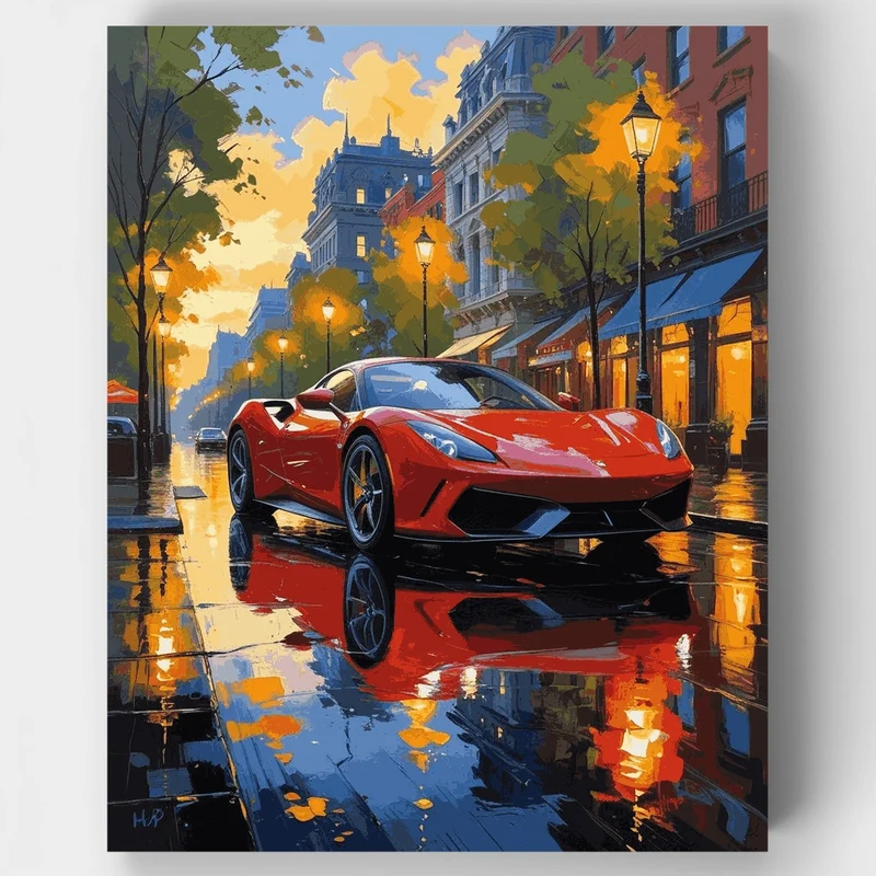 Red Car on Rainy City Street - Paint by Numbers Kit