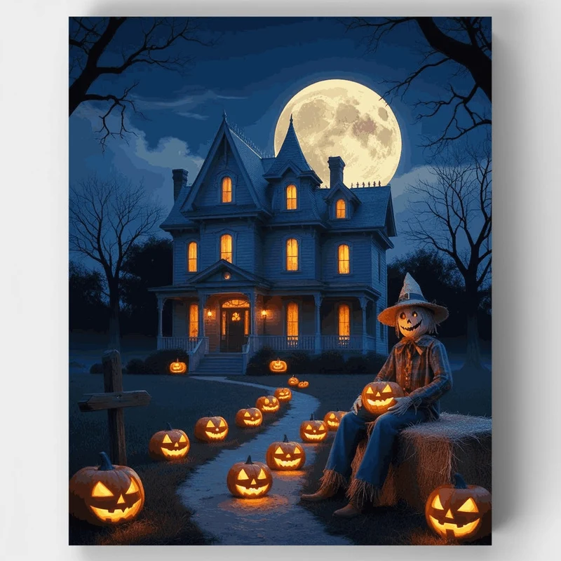Halloween House with Pumpkins and Scarecrow - Paint by Numbers Kit