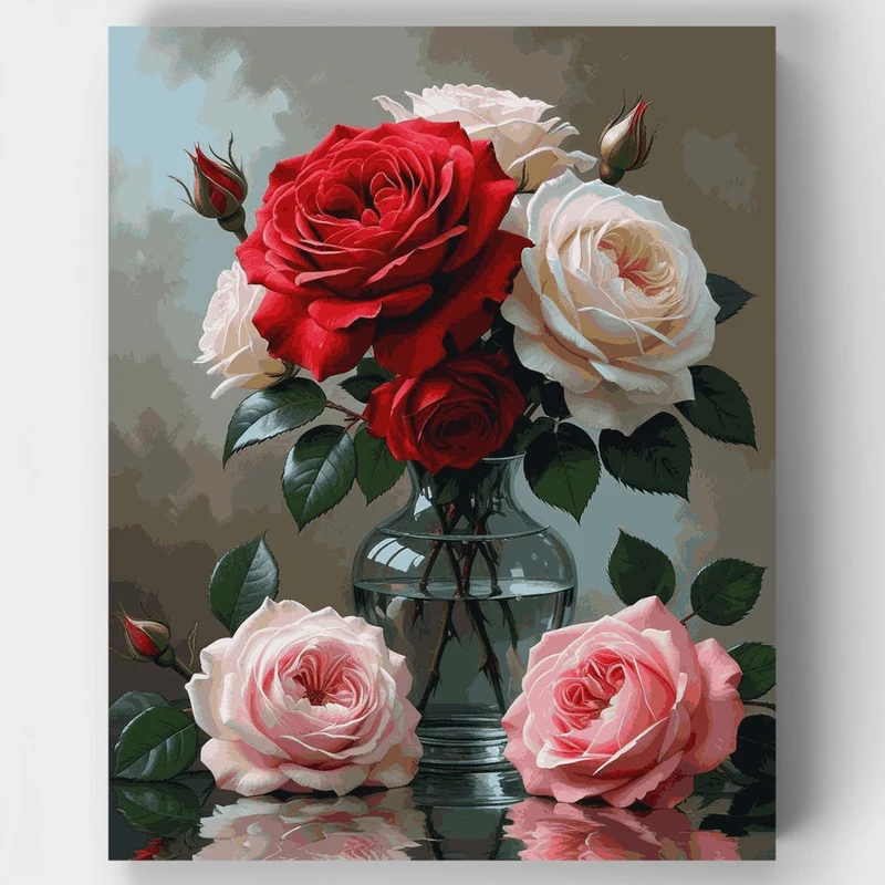 Red and Pink Roses in Glass Vase - Paint by Numbers Kit