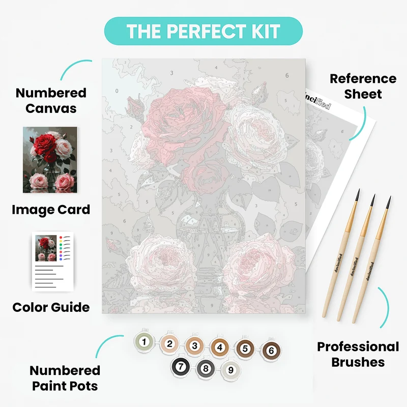 Red and Pink Roses in Glass Vase - Paint by Numbers Kit