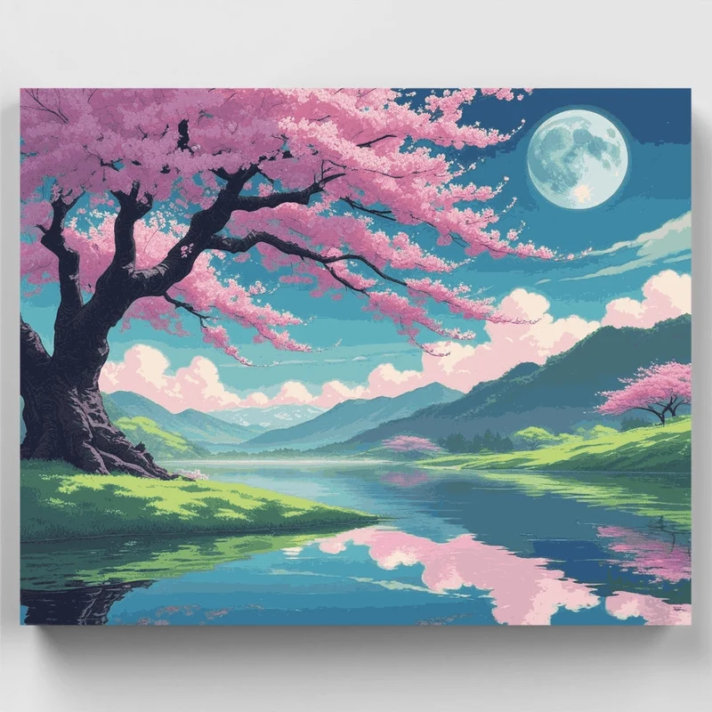 Cherry Blossom Lake Moonlight - Paint by Numbers Kit