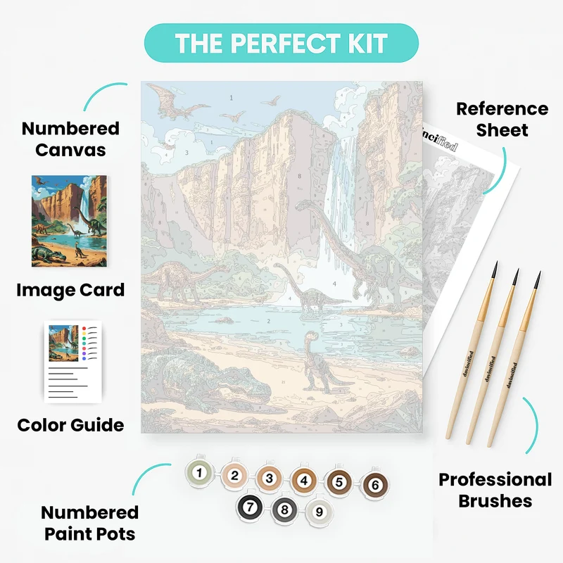 Prehistoric Paradise with Dinosaurs and Waterfall - Paint by Numbers Kit