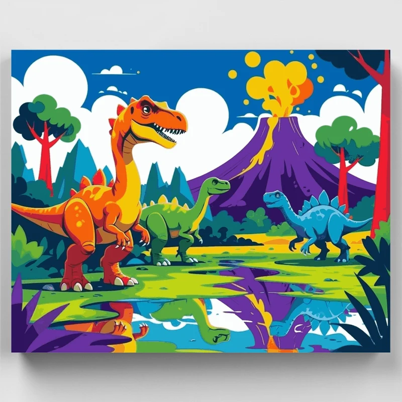 Colorful Dinosaur Adventure Scene - Paint by Numbers Kit