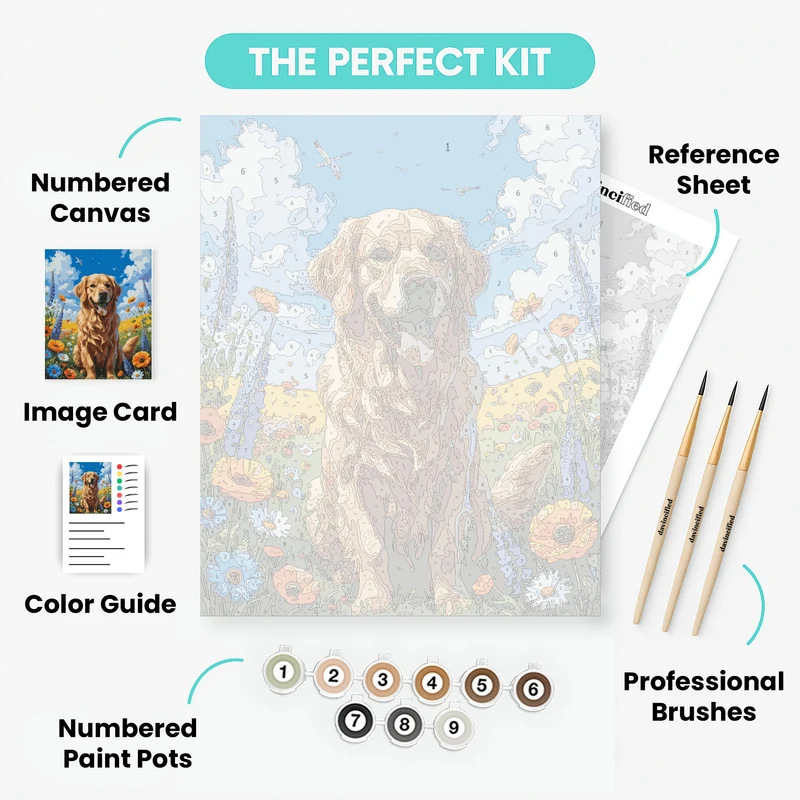 Happy Golden Retriever in Wildflower Meadow - Paint by Numbers Kit