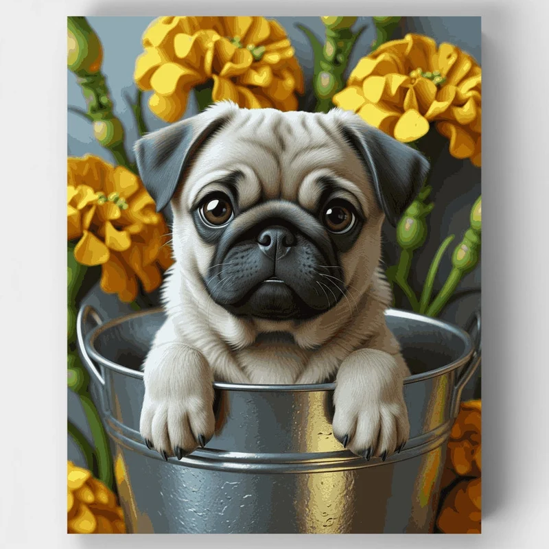 Cute Pug Puppy in a Bucket with Marigolds - Paint by Numbers Kit
