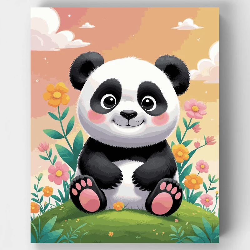 Cute Baby Panda in Flower Garden - Paint by Numbers Kit